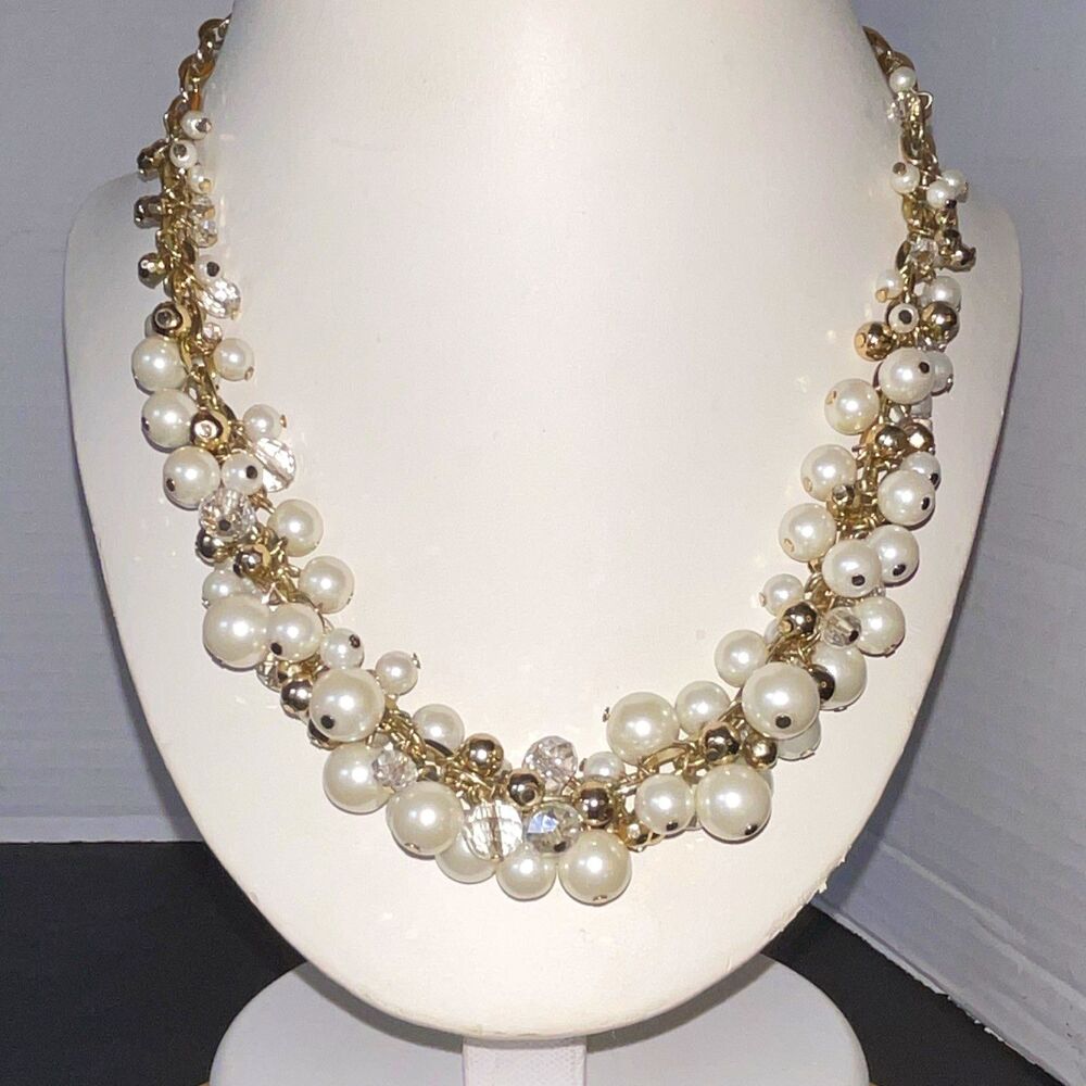 Vintage The Limited Faux Pearl & Crystal Cluster Gold Tone Statement Necklace